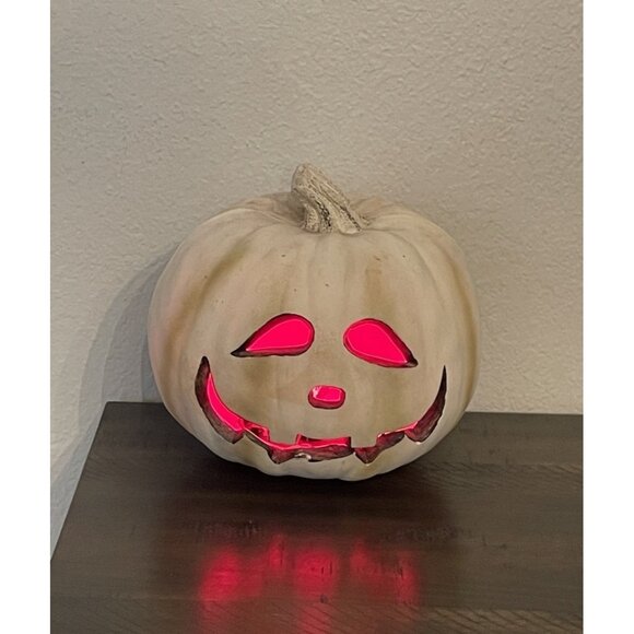 Vintage Light Up Plug In Jack O Lantern Pumpkin Cream Foam Ghost Halloween Decor - Picture 1 of 13